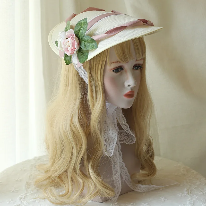 Women Girls Summer Sun Hat Kawaii Lolita Cosplay Lace Flower Bandage Bowknot Straw Hats Ladies Elegant Cap