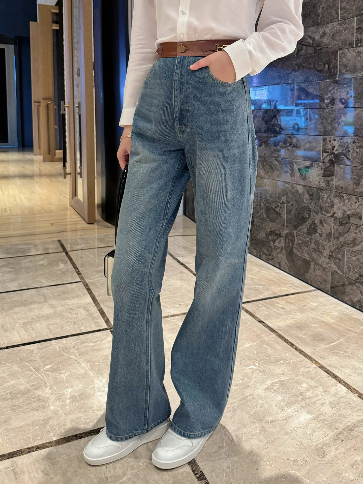 

Женские джинсы Ele с высокой талией, широкими штанинами и прямым кроем, синие, модные, для повседневной носки, с металлическим декором, люксовые, новинка ранней осени