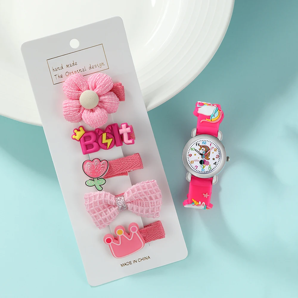 6pcs Kids Watch Set Cute Kids Quartz Watch and 5 Cute Kids Hairpins