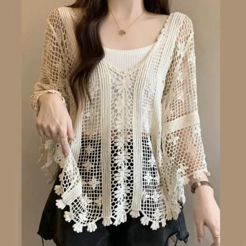 270d الأنيق متماسكة أعلى جوفاء خارج البلوزات مطرزة على أعلى محصول الأكمام الطويلة للنساء #4