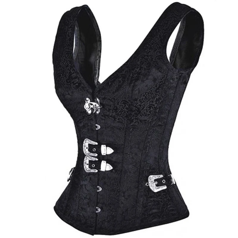 Top Shoulder Strap Black Buckled Waist Trainer Vest Corset Overbus Women Steampunk