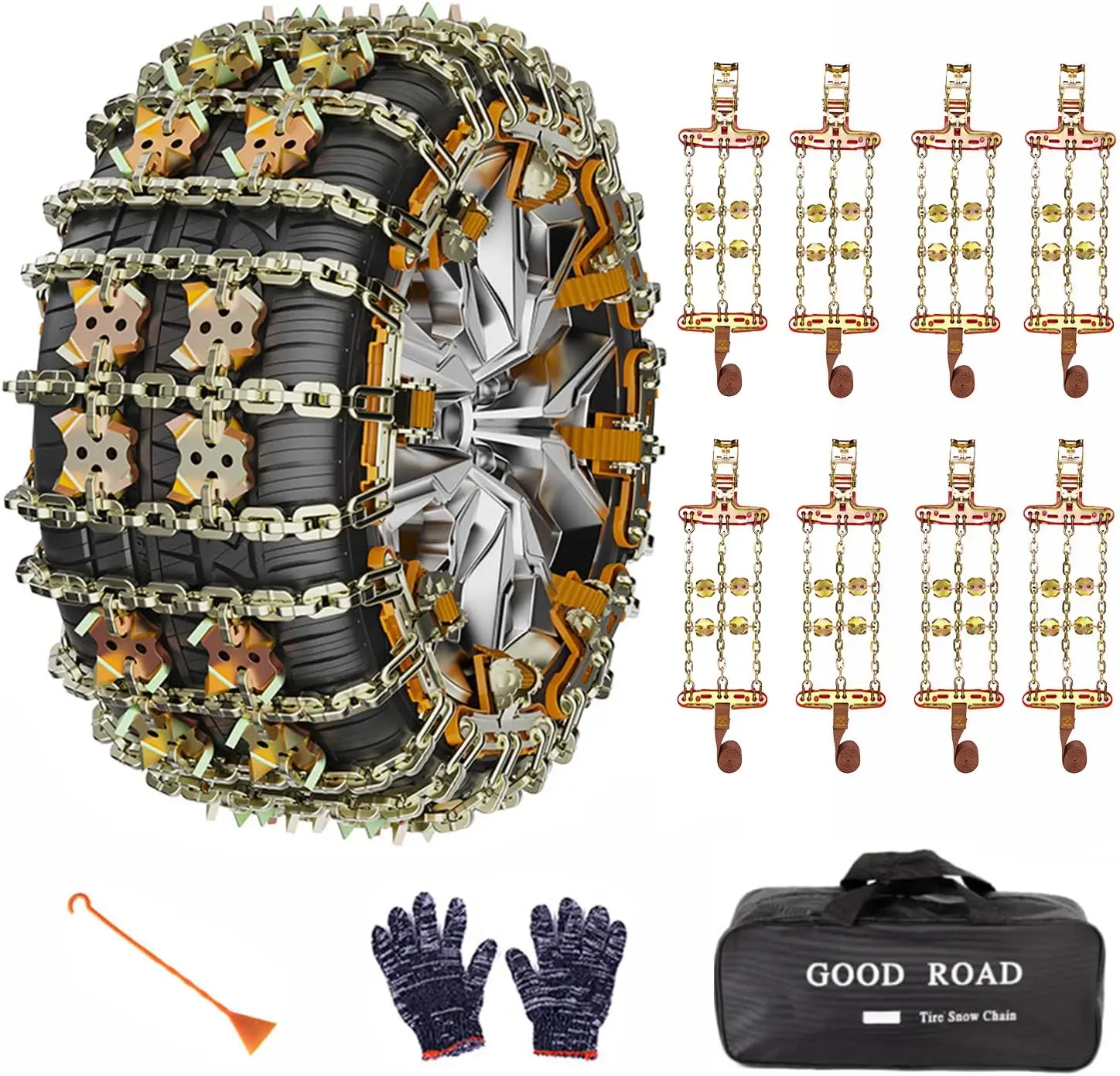 

8pcs Snow Chains for Car Tire, Anti-skid Traction Chains for SUV, Pickup Trucks, Adjustable 165-265mm