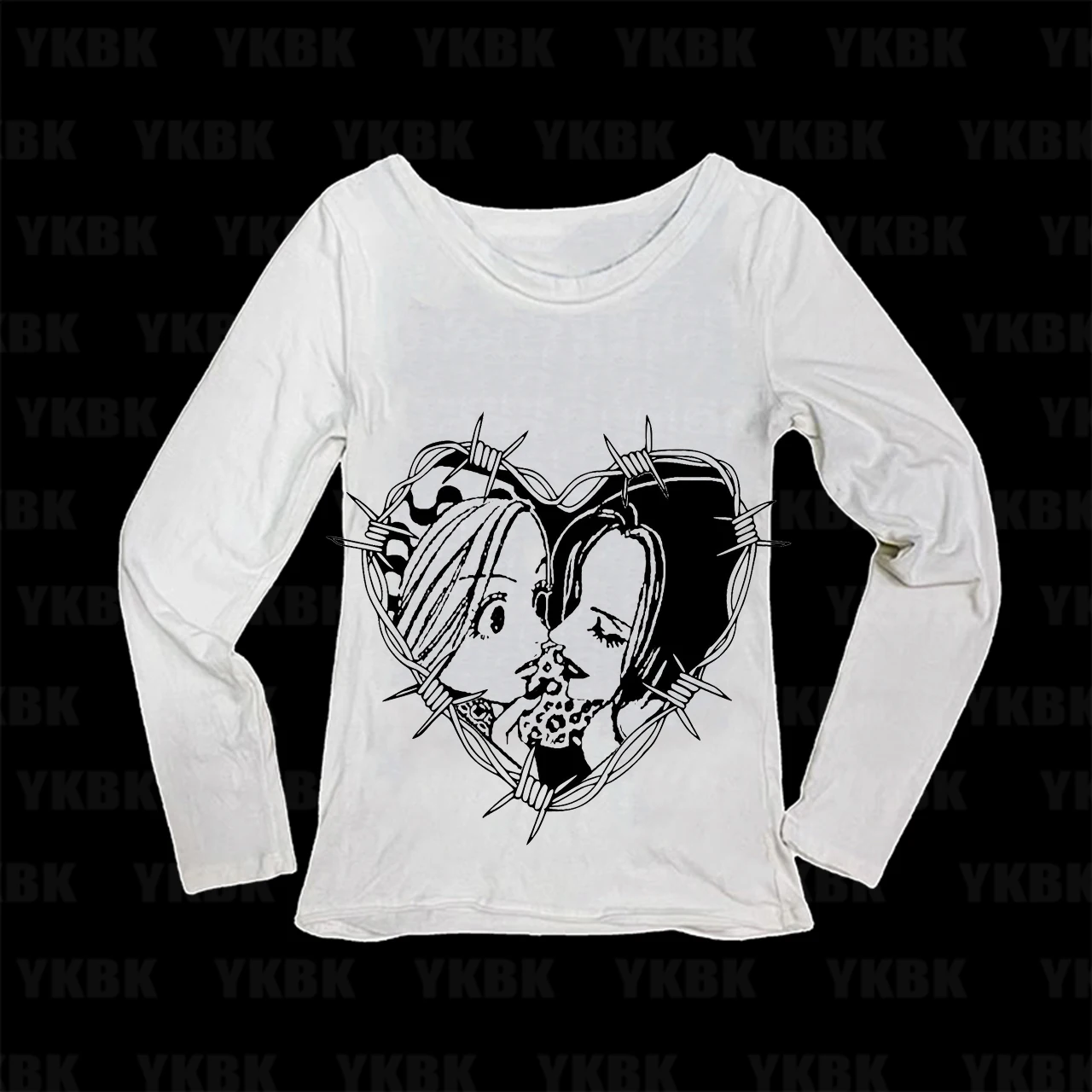 Barbed Wire Heart Kissing Girls Anime Y2K Graphic Print Women Long Sleeve T‑Shirt Slim Fit Goth Ladies Tops
