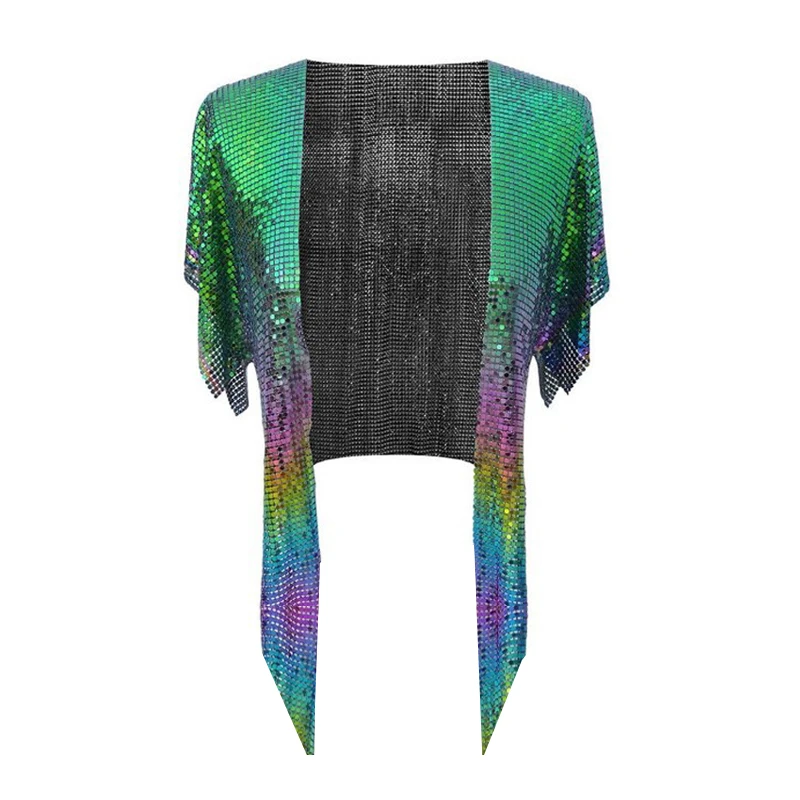 Women Short Sleeve Long Tail Blouse Shirt Tops Glitter Sequins Streetwear Outerwear Clubwear Festival Rave Party Cardigans Coat