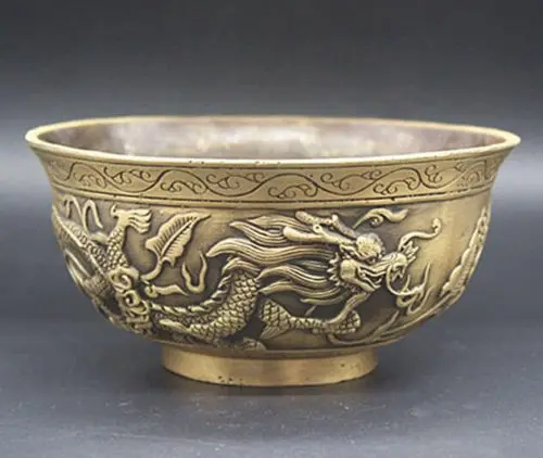 

Exquisite Chinese Old Brass Hand-Carved Zodiac Animal Dragons Bowl Craft Statue