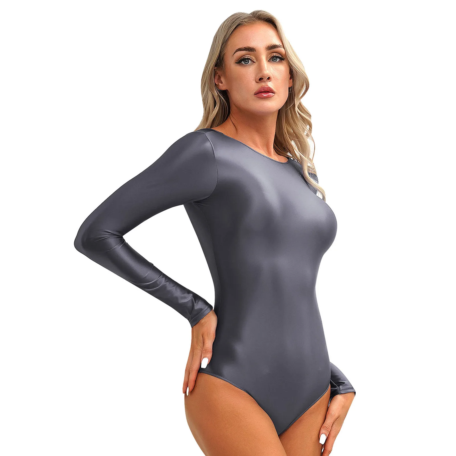 Mulheres manga longa em torno do pescoço maiô, One Piece Swimwear, collants em U, bodysuit liso brilhante, collant