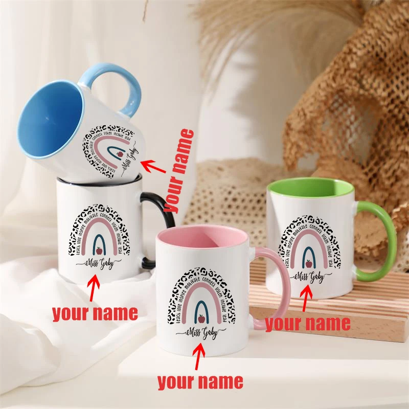 

Leach Love Inspire Leopard Rainbow Print Custom Name Mug Reusable Ceramic Cup Drink Tool Milk Coffee Cups Personalized Mugs Gift