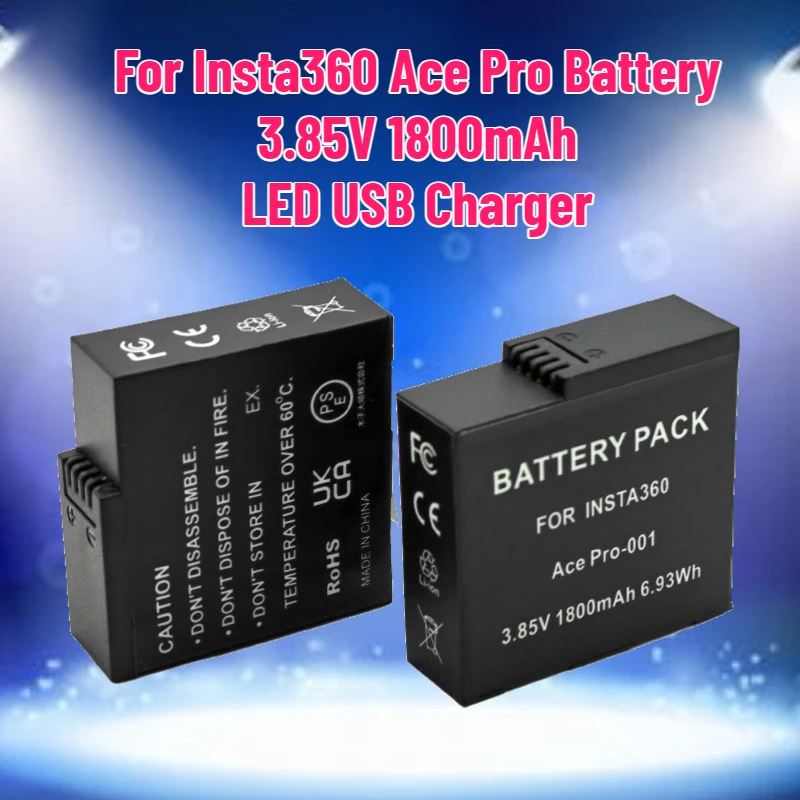 3.85V 1800mAh Camera Battery for Insta360 Ace Pro Battery LED USB Charger 360 Action Camera Battery Accessories