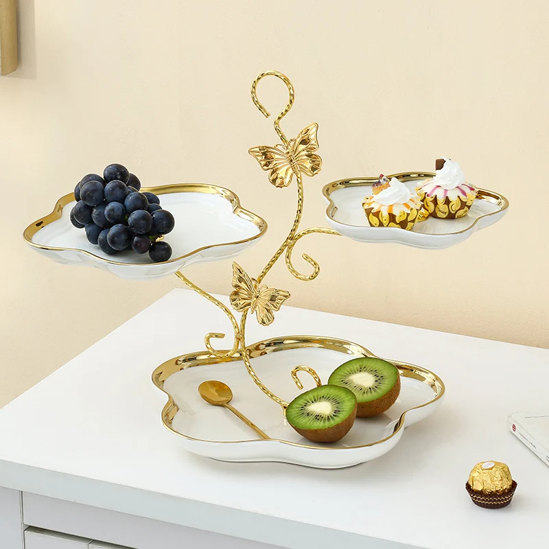 

Branch-shaped Ceramic Skewer Plates Tray Multi-layer Dishes Cerative Snack Platter Fruits Ceramics Cake Plate Stand Metal Pole