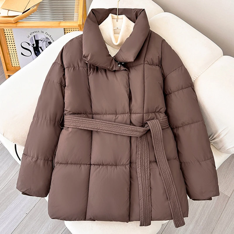 Veste d\'hiver avec ceinture pour femme, parkas monochromes, vêtements de neige épais et chauds, vêtements d\'extérieur rembourrés en coton, manteau