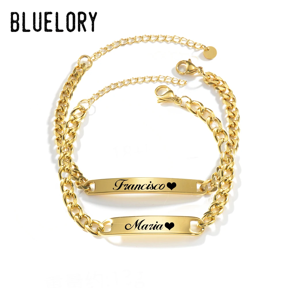 Bluelory Customized Engrave Name ID Bar Couple Bracelet Stainless Steel Custom Women Men Lovers Jewelry Birthday Gift Wholesale