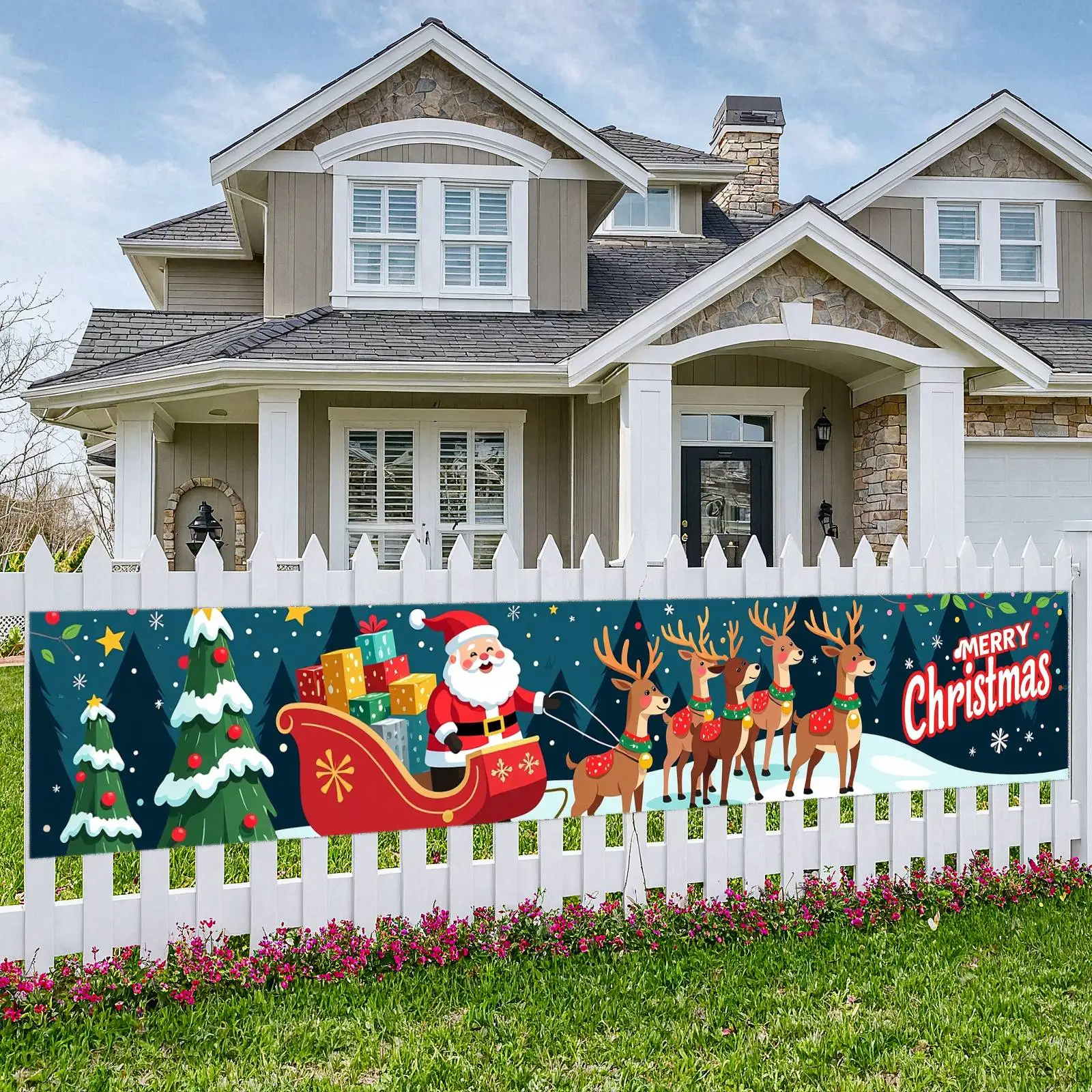 Weihnachtsbanner, verschneite Szene, Weihnachtsbanner, Weihnachtsmann-Schlitten, Rentier-Muster, Urlaubsbanner für Weihnachtsfeier, Winterfeier