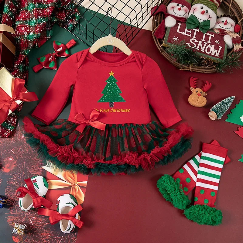 Baby Romper Dress Xmas Fashion My First Christmas Baby Girl Clothes Ruffle Romper + Red Dress New Year Costume Outfit