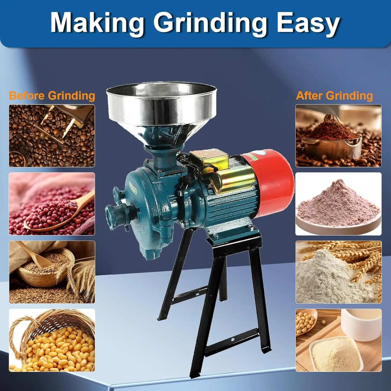 110V Dry Cereals Grinder with Funnel, Commercial Electric Feed Mill Dry Grinder, Rice Corn Grain Coffee Wheat Feed Mill Flour Mi