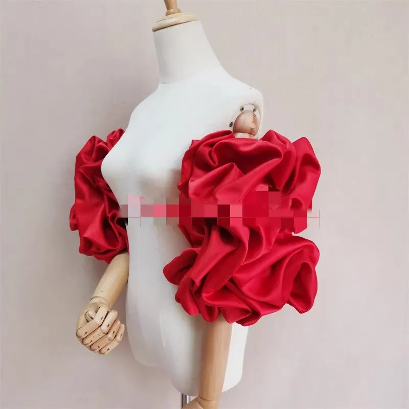 Elegant Designer Puff Red Satin Arm Sleeve Female Vintage Formal Dress Performance Party Glove dress decoration accessory