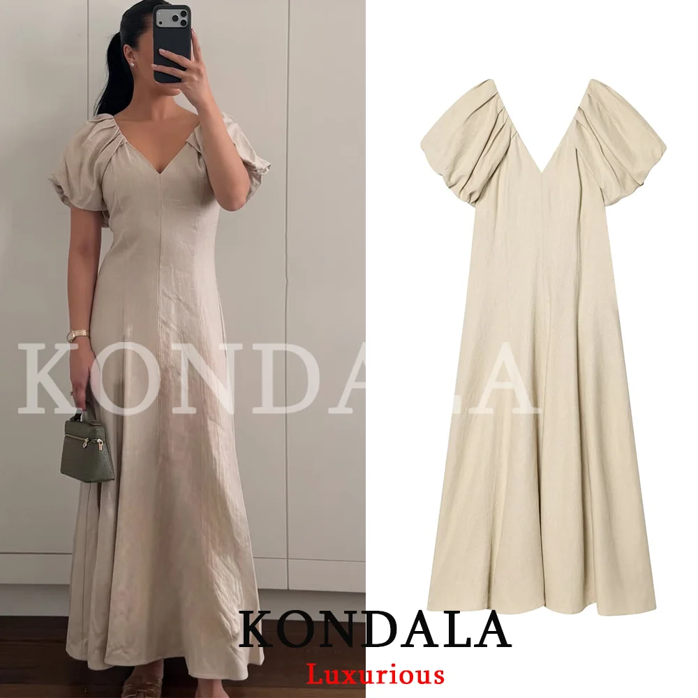 KONDALA Vintage Casual Chic Damenkleid Einfarbig Puffärmel V-Ausschnitt Langes Loses Drapiertes Kleid Mode 2026 Sommer Elegantes Kleid