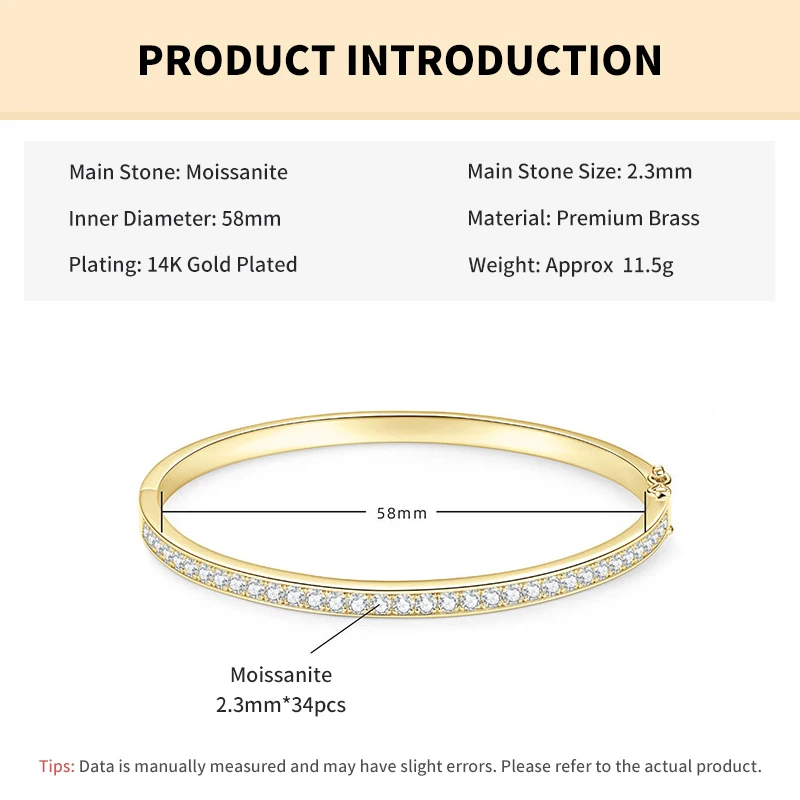 Rrjzz Exquisites einreihiges 2,3 mm D-Farbe Moissanit-Armband mit Kanalset, 58 mm Innendurchmesser, Armreif für Damen, Schmuckgeschenke – Detail 1