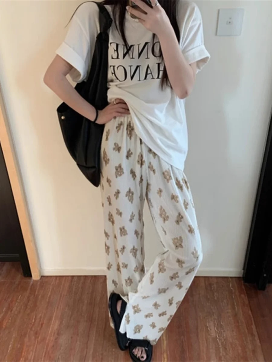 Schattige beer hoge taille wijde pijpen broek dames zomer 2024 nieuwe luie Sle casual broek Koreaanse versie lange broek
