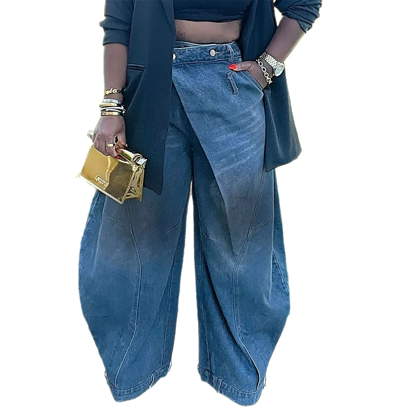 

Джинсы с широкими штанинами в уличном стиле 2026 года, с эффектом потертости и вывернутым поясом