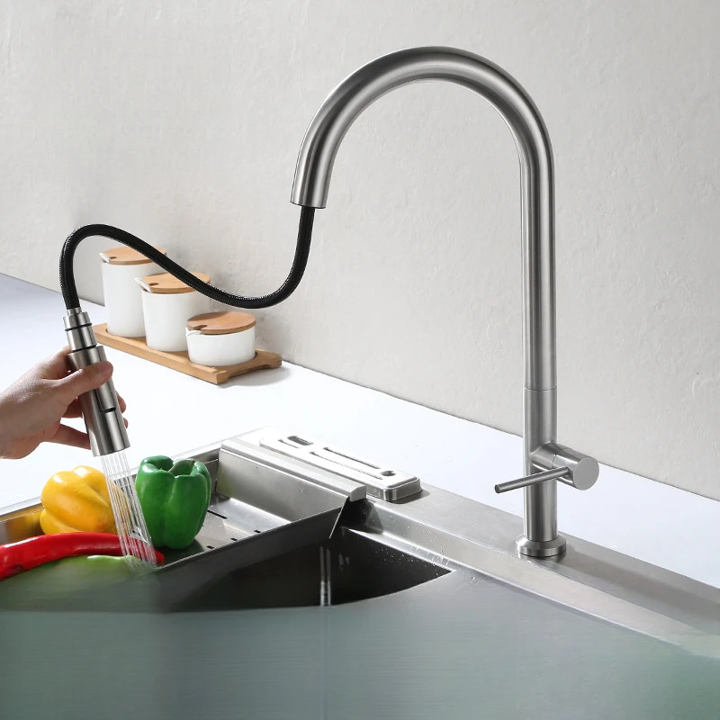 Modern Brushed Stainless Steel Kitchen Washing Basin Black Dual-Use Drawable Splash-Proof Hot And Cold Faucet
