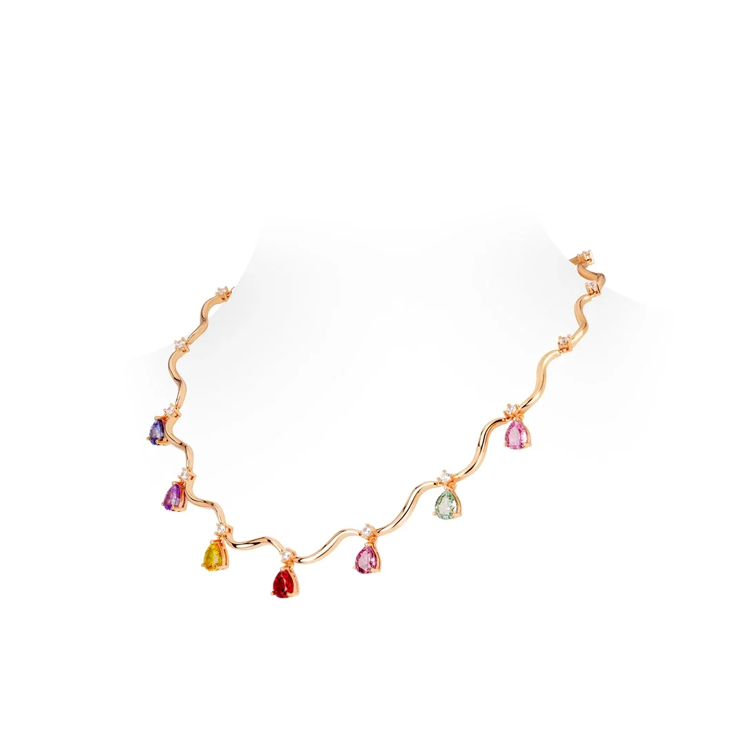Bellux Necklace 925 Silver Synthetic Zircon Colored Gemstone Water Drop Luxury Wave Shaped Fashion Rose Gold Collar