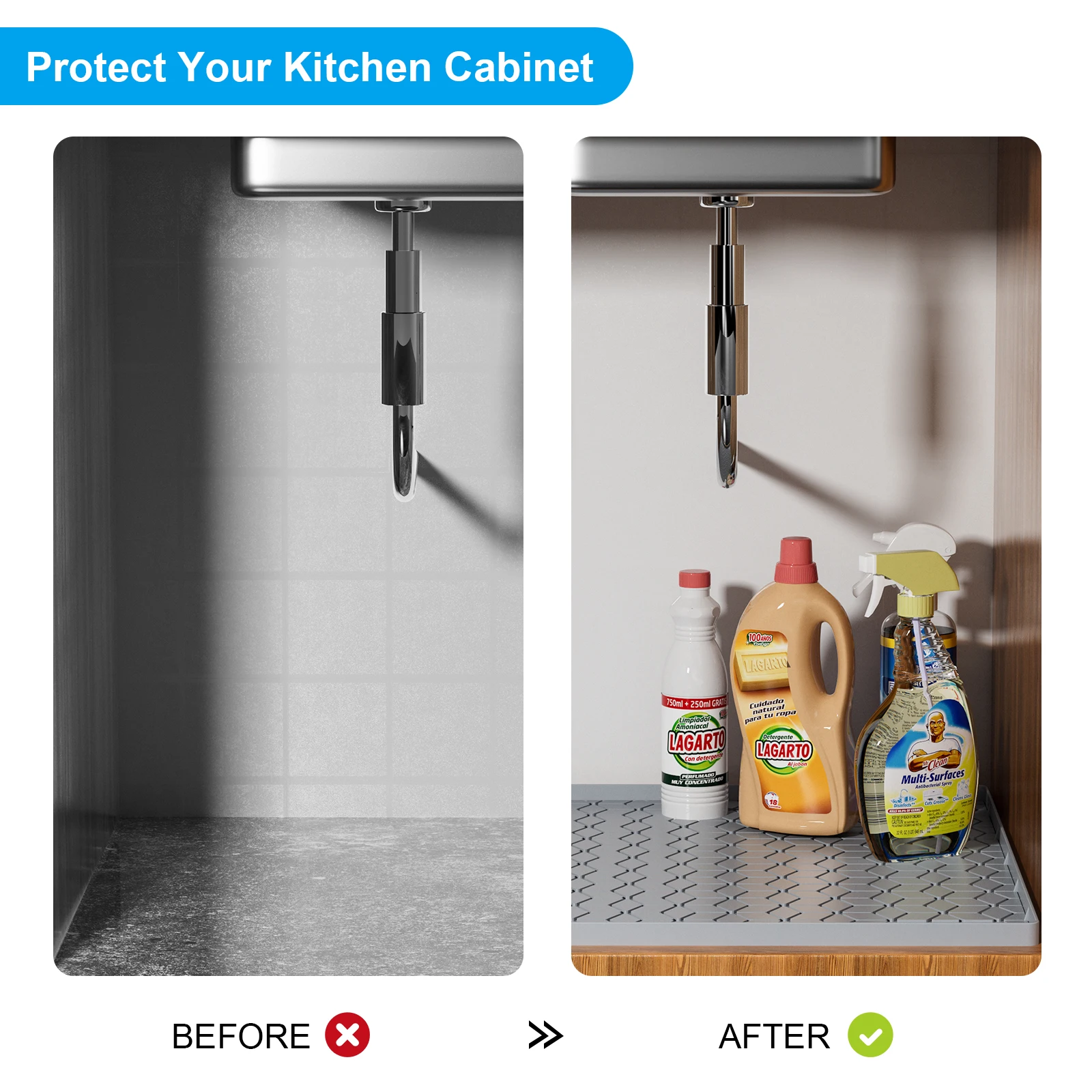 حصيرة تحت المغسلة، حصيرة الخزانة، ملحقات المطبخ تحمي الخزائن تحت الحوض، بطانة رف ممتازة من السيليكون قابلة للغسل (34 بوصة × 22 بوصة)