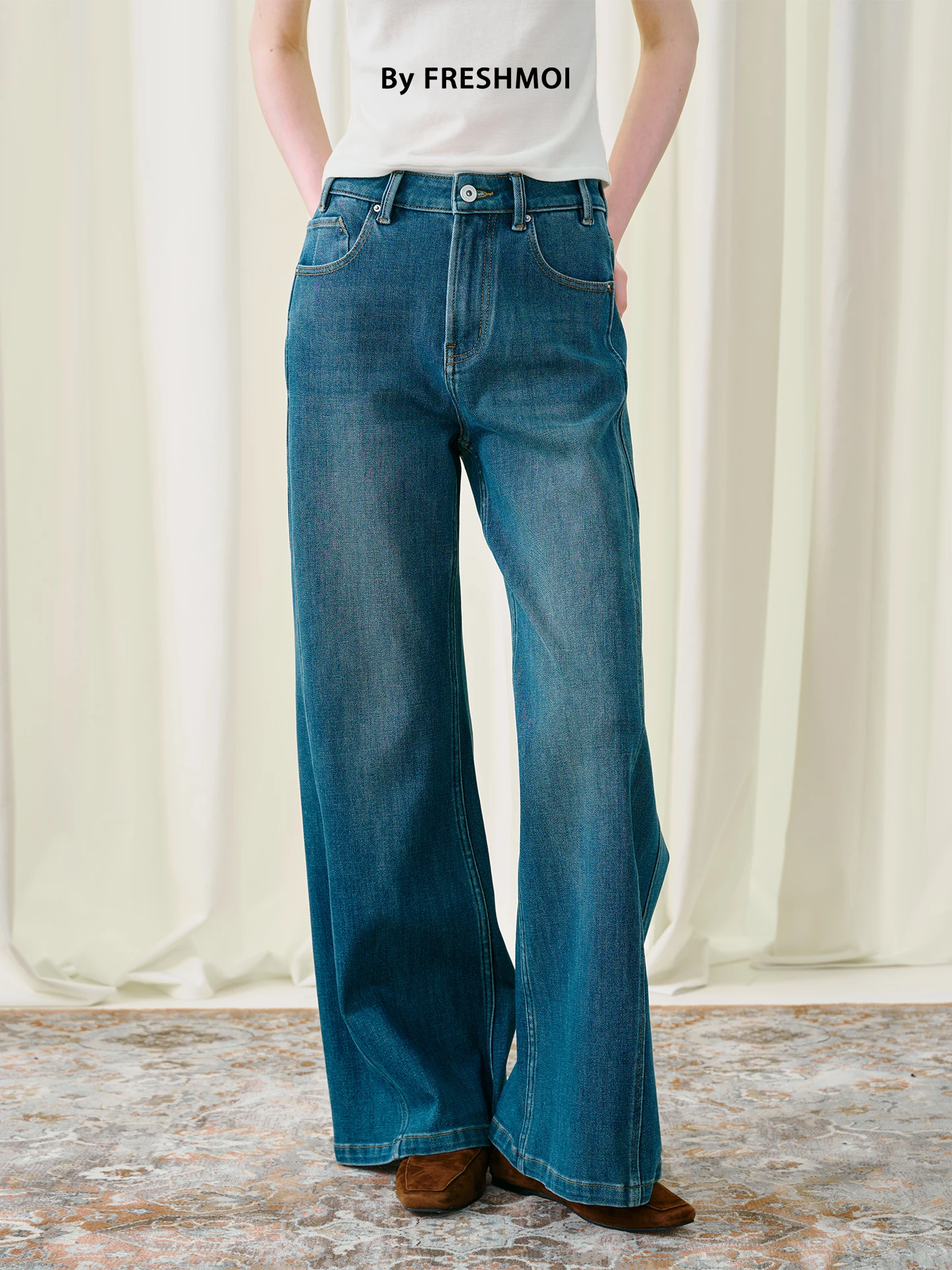 

Джинсы с высокой талией и широкими штанинами, удлиняющие ноги, с узором «Бамбуковый узел», повседневные, на молнии, женские джинсы Fre Moi