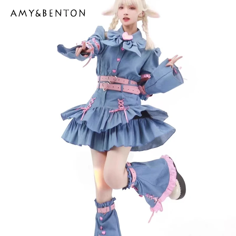 

New Y2k Sweet Cool Hot Girl Denim Removable Sleeves Women's Top Cute Lace-up Cake Skirt Fashion Age-reducing Skirt Suit Ladies