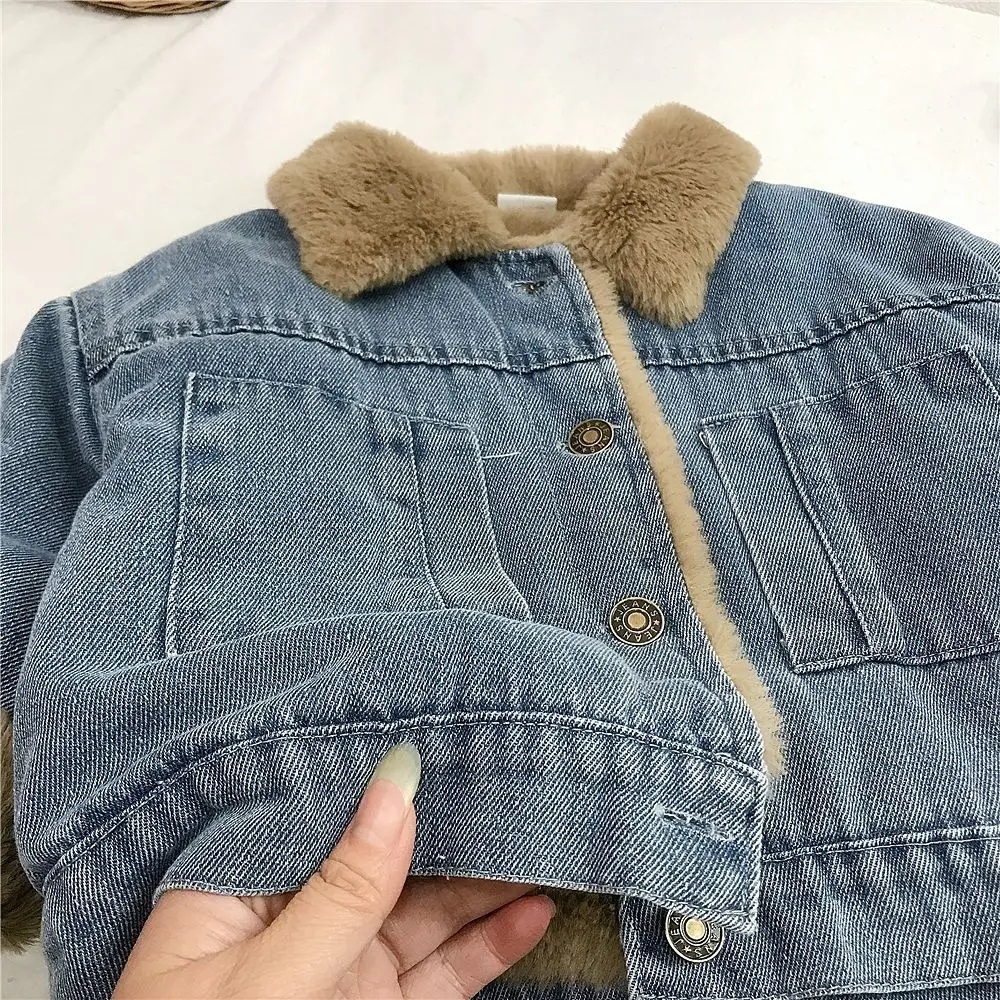 Girls\' cashmere denim coat winter thickened new integrated baby lamb cashmere warm gown children\'s cotton-padded jacket1-8Y