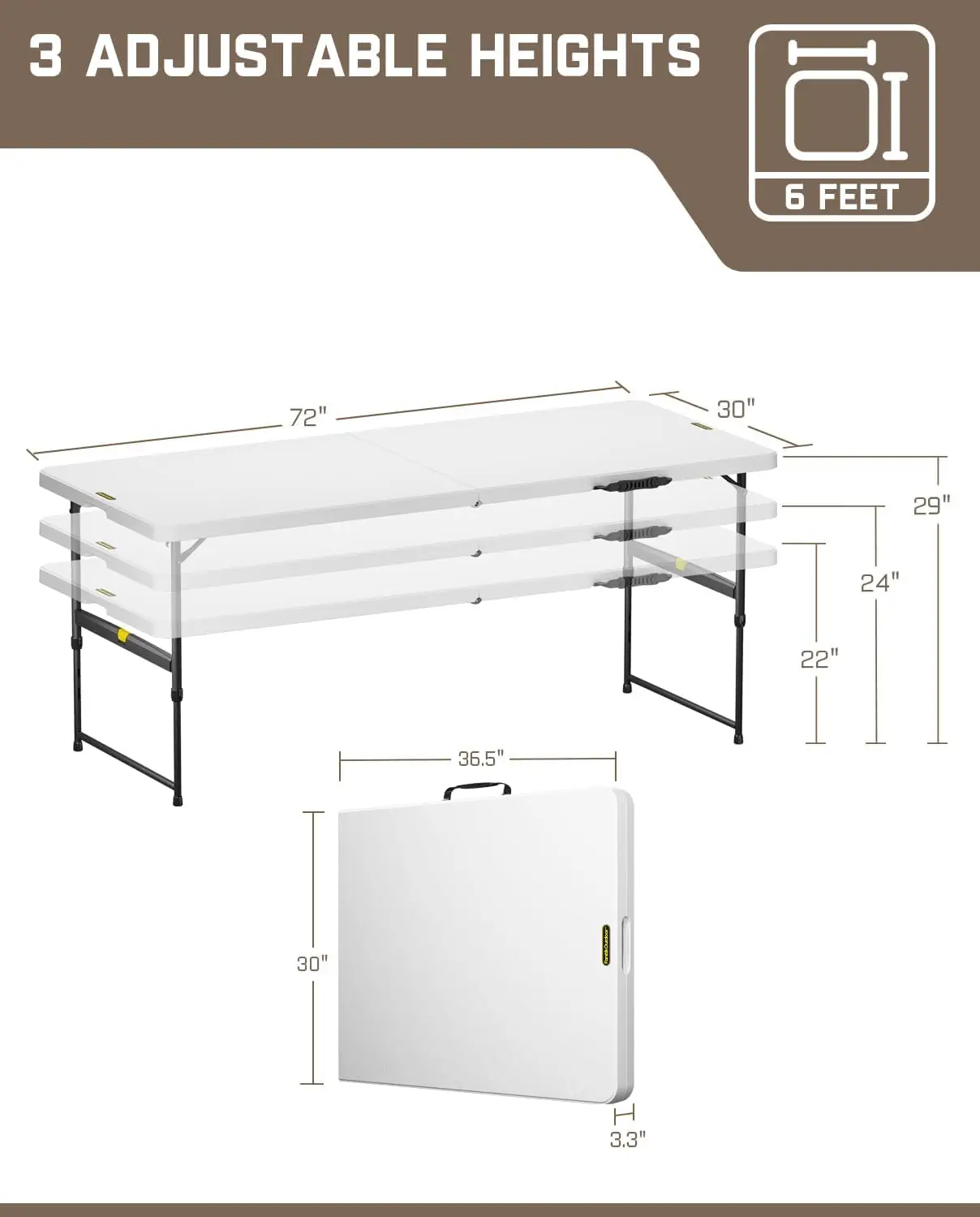 Folding Picnic Dining Table, Portable Adjustable Height Utility Desk With Side Carrying Handle And Safety Lock For Backyard Camping Party, Modern White, One Piece