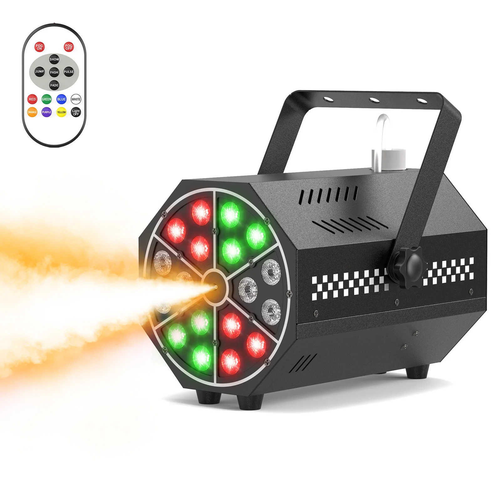 

GEFENSI 500W Fog Machine 7 Static Colors Strobe Stage Light 18 LED RGB Halloween Smoke Machine Remote Control Fogger For Party
