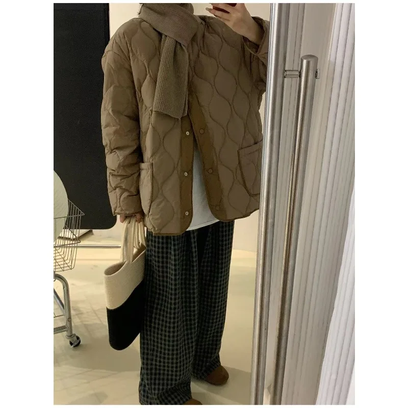 2025 Autumn and Winter Ethnic Style Splicing Round Neck Thick White Duck Down Cotton Jacket