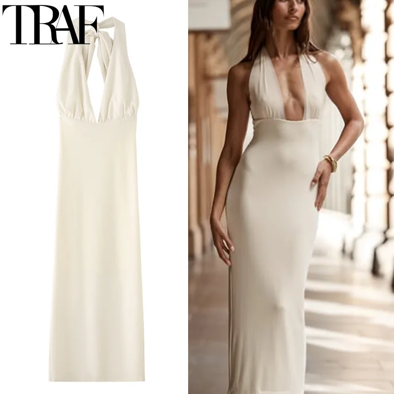 HXAO Schulterfreies langes Kleid 2025, Sommer-Neckholder-Partykleid, rückenfrei, sexy Maxikleid, figurbetont, gerüscht, Abendkleid 088