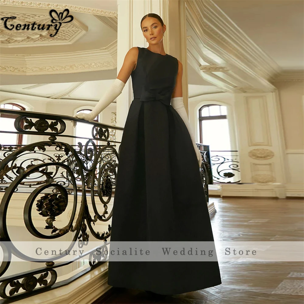 Black Prom Dress Long 2024 with Bow Sleeveless Satin Dubai Evening Dresses Arabic Formal Gowns for Women Customized