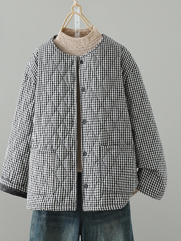 Retro Black White Plaid Cotton Jacket Women's Winter Thick Warm Loose Casual Mommy Cotton Coat round Neck Button down