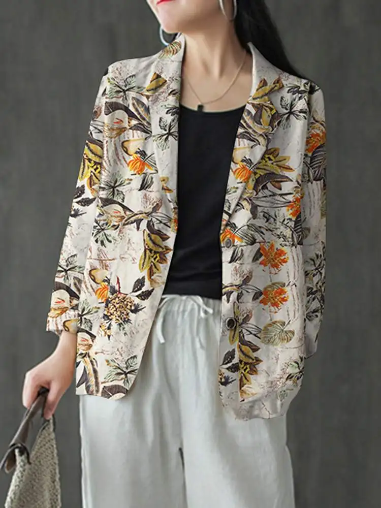 ZANZEA Women Cotton Blazer Vintage Lapel Neck Long Sleeve Thin Coats Autumn Elegant Work Suit Retro Floral Printed Loose Outwear
