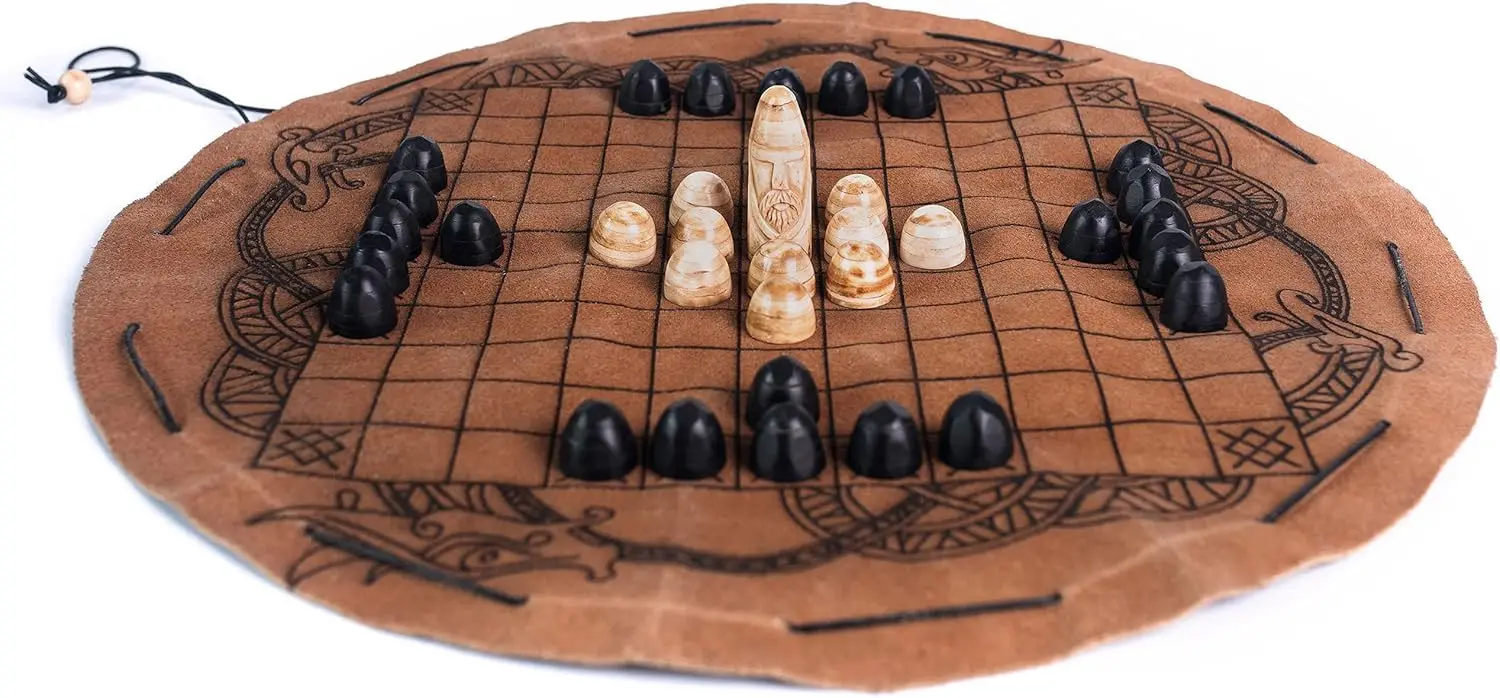 Viking Hnefatafl Set with 100% Genuine Ox-Bone Game Pieces and Premium Leather Game Mat - Leather Chord Tie System for Easy Stor