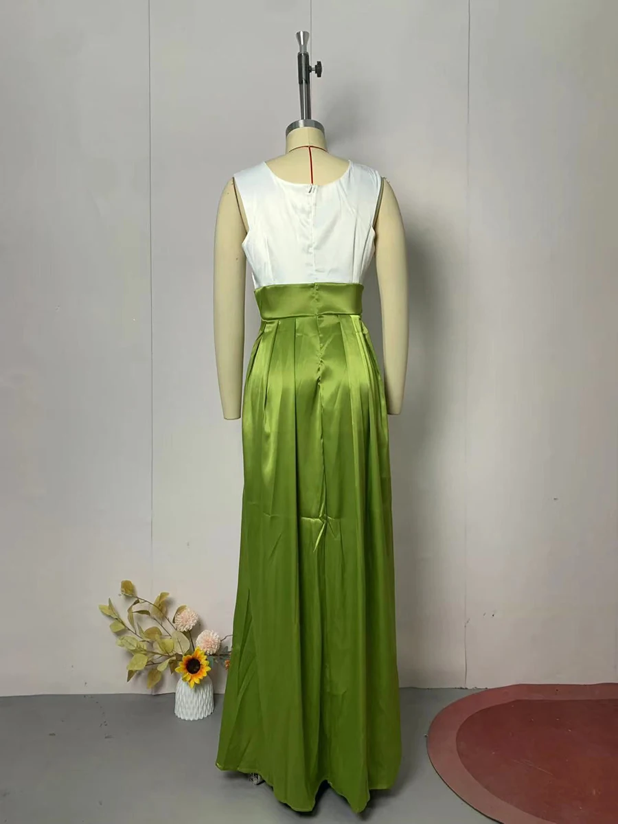 VGH Hit Color Evening Long Dress for Women Deep V Neck Sleeveless High Waist Patchwork Zipper Temperament Dresses Female Style