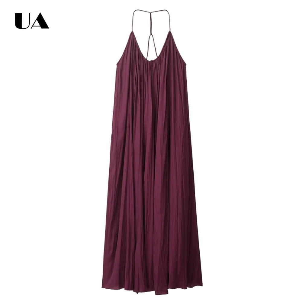 

Elegant Loose Shirring Halterneck Midi Dress, Trendy Lace-up Sleeveless Long Dress for Woman, Vintage Solid Backless Party Dress