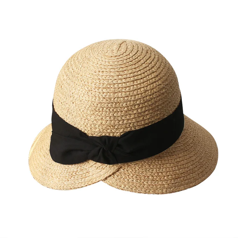 Spring/summer Raffia Back Brim Ribbon Straw Hat Foldable Beach Hat for Women Large-brimmed Sunscreen Sun Hat