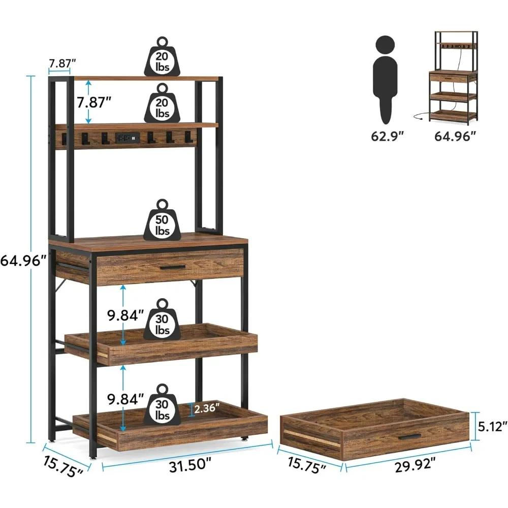 Kitchen Bakers Rack with Power Outlets, 5-Tier Microwave Oven Stand with Drawer, Freestanding Coffee Bar, Kitchen Storage Shelf