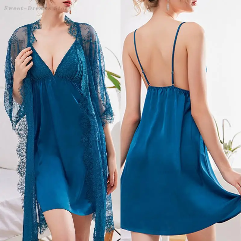

Женский комплект-двойной халат, сексуальный перспективный сетчатый халат, весна-лето, шелковая атласная одежда для сна, ночная рубашка на бретелях, свободная повседневная домашняя одежда