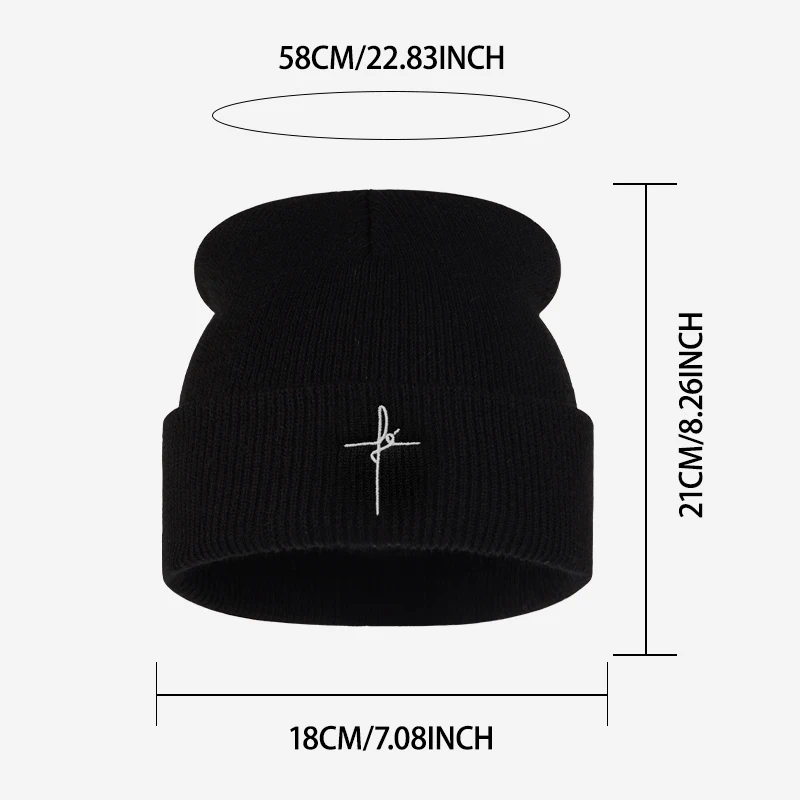 Cross Heart Faith Embroidery Knit Beanie Adult Soft Stretchy Thermal Winter Hat Religious Streetwear Christmas Holiday Party Gif