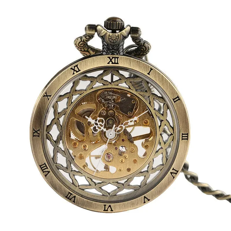 New Arrival Steampunk Open Face Bronze Tone Case Analog Roman Number Mechanical Hand-winding Windup Pocket Watch w/ FOB Chain