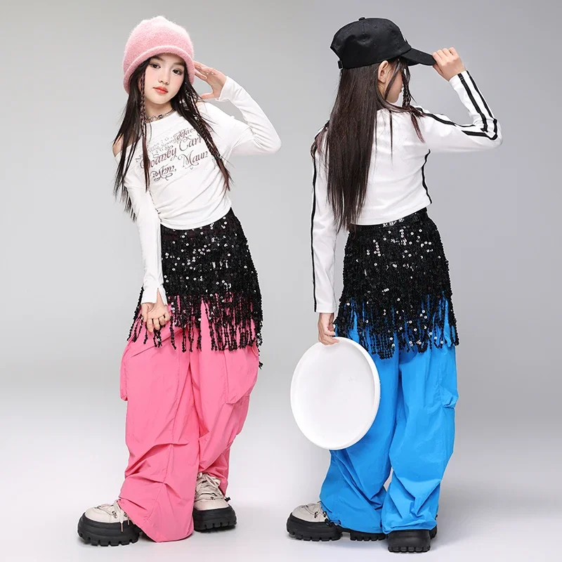 Hip Hop Mädchen K-pop Outfits Crop Top Pailletten Street Dance Cargo Hosen Kinder Streetwear Kinder Jazz Mädchen Gruppe Bühne kleidung Sets