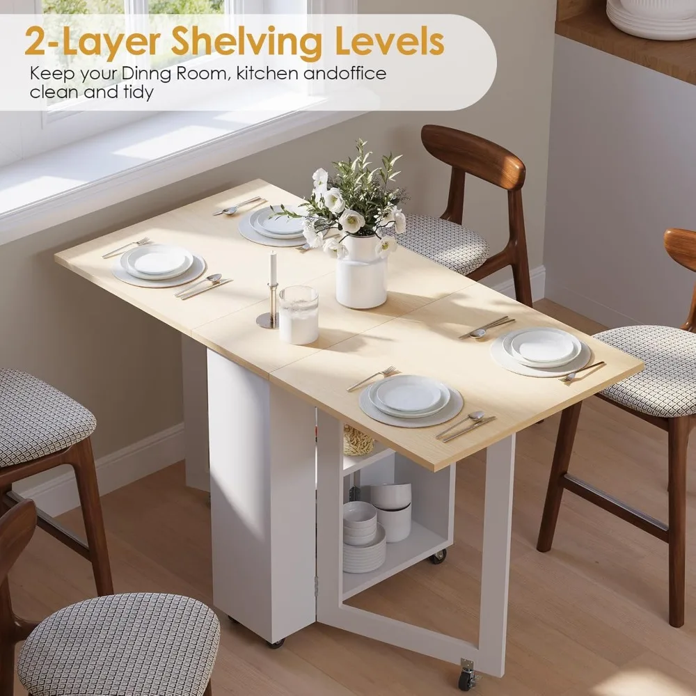 Folding Dining Table with 2 Storage Racks, Space Saving Dining Table with 6 Wheels, Kitchen Table for Small Spaces
