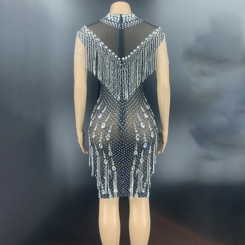 Glamorous Diamond Chain Birthday Party Dress Stage Performance Costume Heavy Industry Fringed Slim Waist HighEnd Outfit Vestito