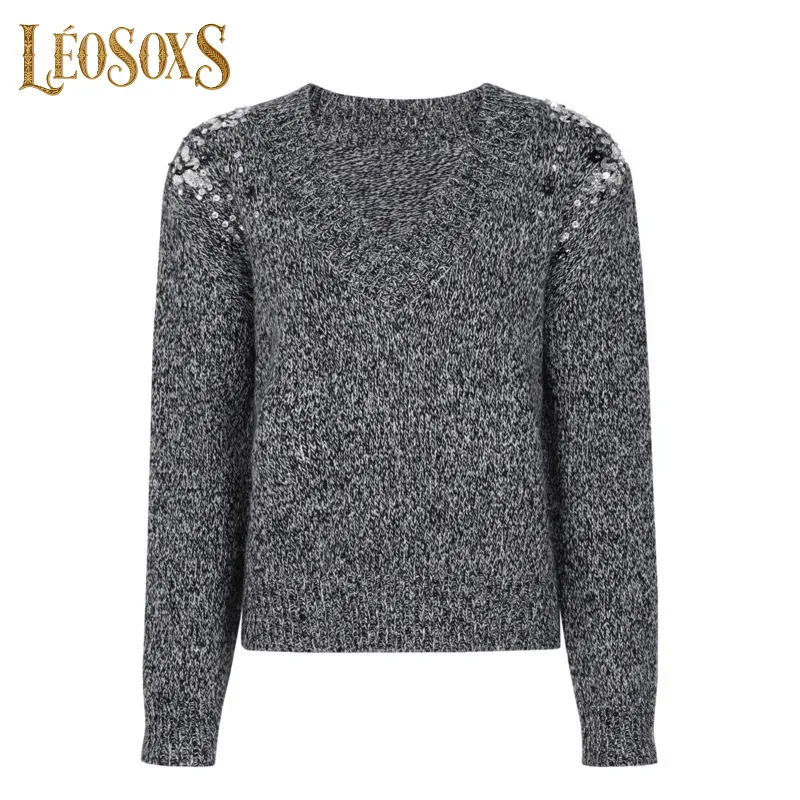 LEOSOXS Jersey elegante para mujer, suéter con patrón de punto en contraste y adornos de lentejuelas para sofisticación atemporal 2025