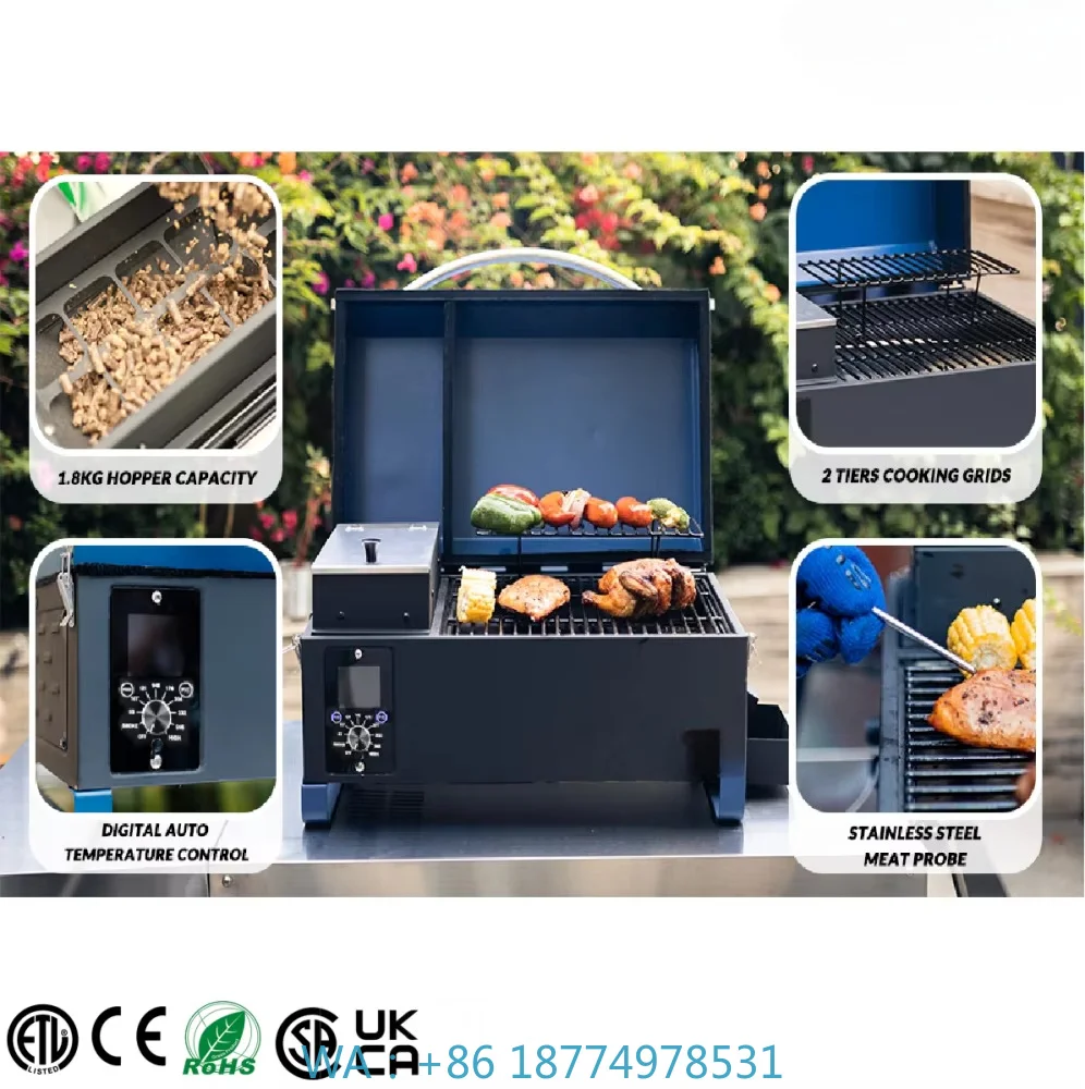 Modern Stylish Tabletop Metal Pellet Barbecue Station, Compact Plancha Roasting Stand with Smoking Function