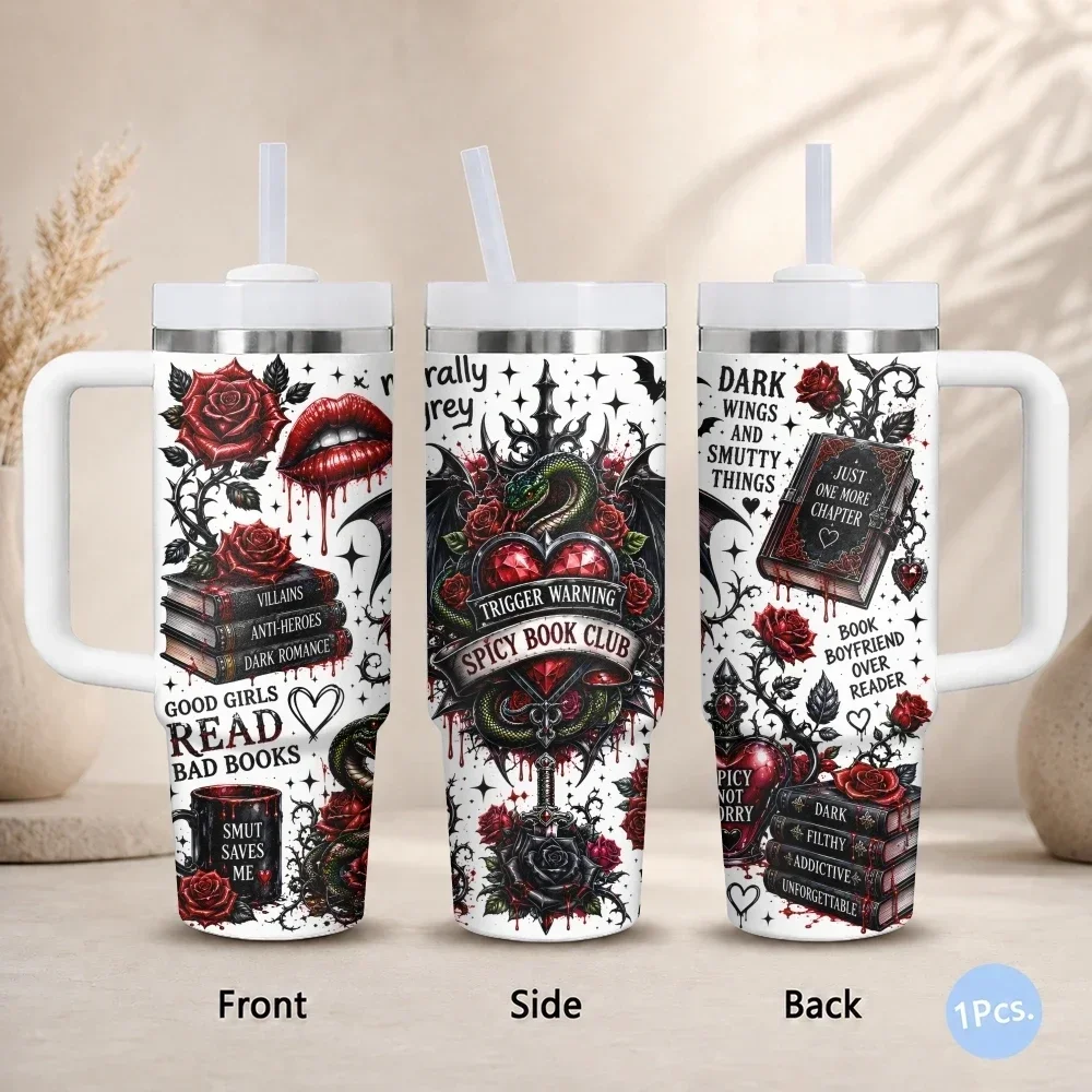 Dark Gothic Book Lover Vacuum Flasks 40oz Stainless Steel Insulated Tumbler with Handle Straw Lid Leakproof Travel Mugorders for other colors will be shipped randomly in black or white